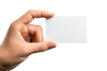 Obraz premium Hand Displaying Blank Credit Card on Clean White Background â€“ Business and Finance Representation