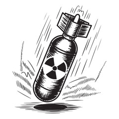 Monochromatic Depiction of a Falling Atomic Bomb with Radiation Symbol Amidst Abstract Motion Lines and Impact Marks Cartoon Style
