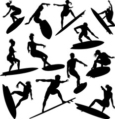 Surfer surfboard boarding male and female surfers surfing silhouette outlines. Men and women surf set design concept.