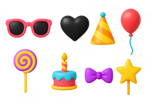 Colorful 3d party icons: sunglasses, heart, balloon, and cake designs