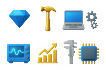 3d icons of tools and technology: hammer, laptop, graph, and more