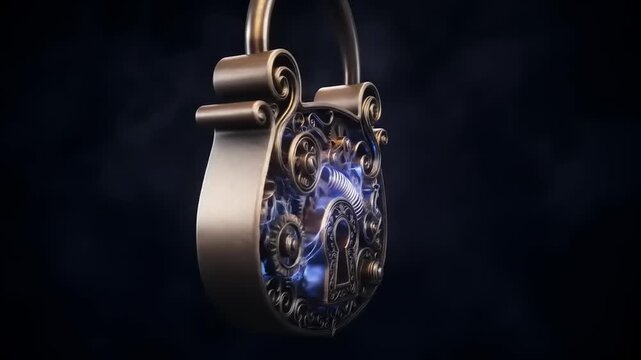 Vintage steampunk padlock with intricate gears and glowing elements, set against a dark background
