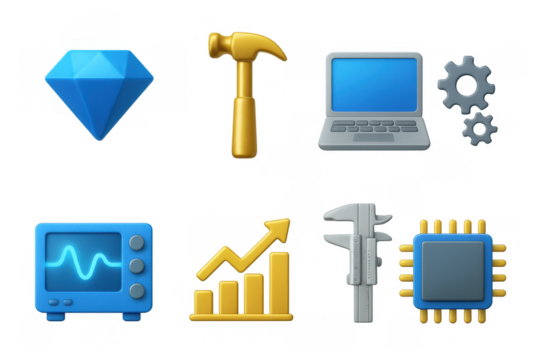 3d icons of tools and technology: hammer, laptop, graph, and more