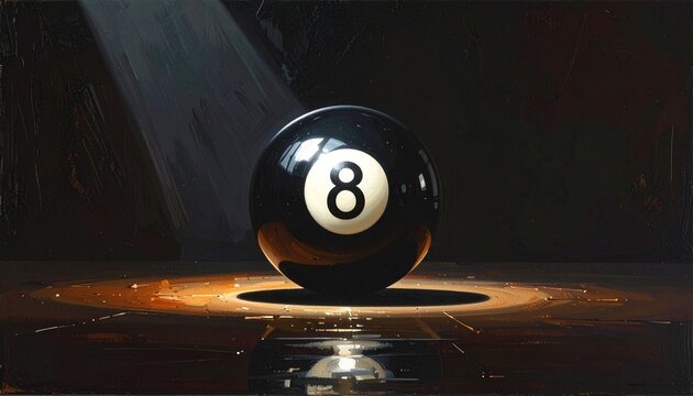 Black 8-ball on dark surface with glowing light from below&mdash;white circle and dramatic shadows evoke fate, suspense, and symbolic finality in iconic minimalist game composition.