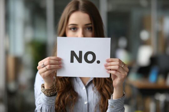 A woman holding a sign with the word 'NO.' in bold letters, expressing a clear and definite refusal or disagreement in a modern office environment.