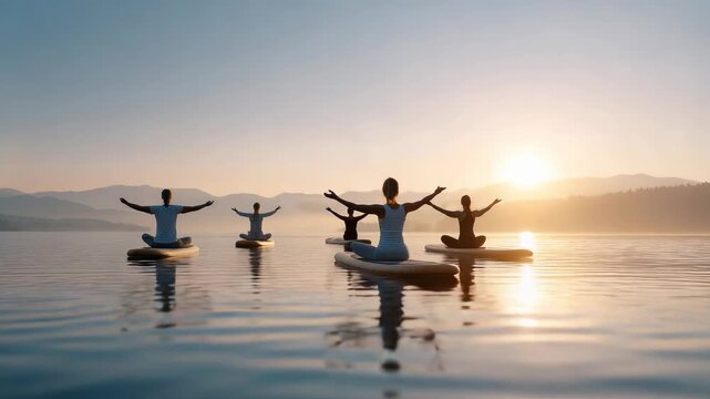Golden sunrise illuminates a serene lake where a group of people practice yoga on paddle boards, embracing the tranquility of nature and finding balance amidst the calm waters