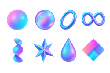 Vibrant 3d holographic shapes in neon gradient style set on black background