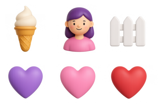 Cute 3d icons set with ice cream, woman, fence, and colorful hearts
