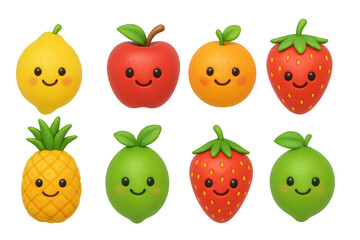 Cute kawaii fruits with faces: lemon, apple, orange, strawberry, pineapple, lime smiling characters
