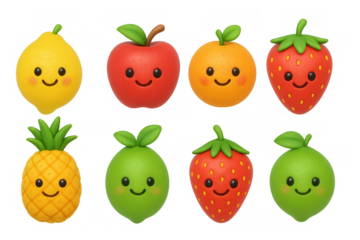 Cute kawaii fruits with faces: lemon, apple, orange, strawberry, pineapple, lime smiling characters