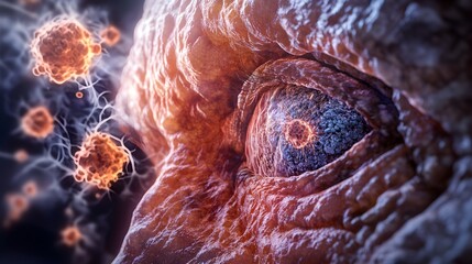 Microscopic view of human eye infected with virus cells showing inflammation and disease spreading through the body in a medical concept
