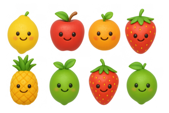 Cute kawaii fruits with faces: lemon, apple, orange, strawberry, pineapple, lime smiling characters - Powered by Adobe