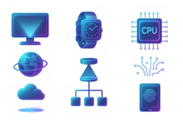 Futuristic neon tech icons featuring digital devices and circuit elements