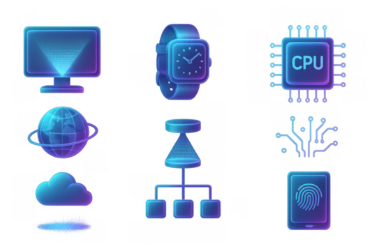 Futuristic neon tech icons featuring digital devices and circuit elements