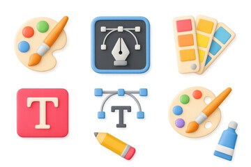 3d design tools set featuring palette, color wheel, and typography elements