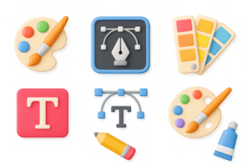 3d design tools set featuring palette, color wheel, and typography elements