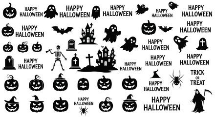 Halloween themed silhouettes featuring pumpkins, ghosts, bats, and haunted houses arranged as spooky decorations for festive celebrations.