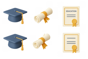 Graduation elements set: cap, diploma, certificate with ribbon
