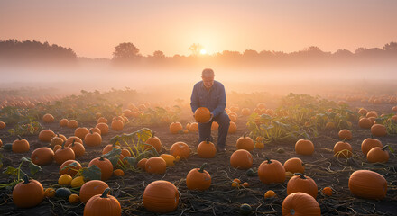A man sits among numerous orange pumpkins in a vast field during a misty autumn sunrise, capturing the essence of the harvest season.