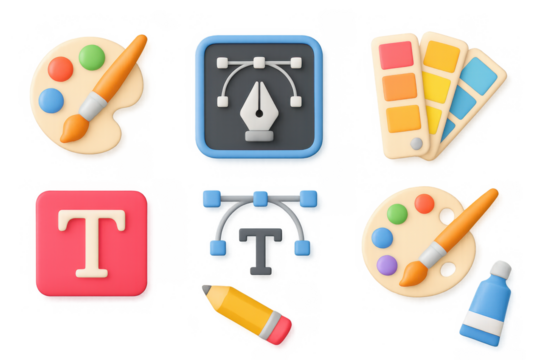 3d design tools set featuring palette, color wheel, and typography elements