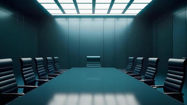 A sleek modern conference room with a long table surrounded by black executive chairs under blue-tinted lighting.