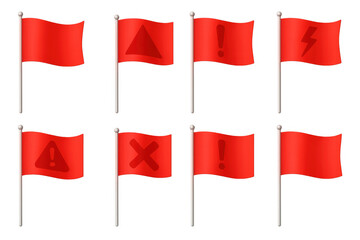 Red warning flags with symbols on metallic poles for alert and caution