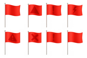 Red warning flags with symbols on metallic poles for alert and caution