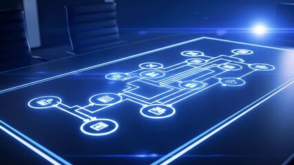 Futuristic conference table displaying a digital circuit design with glowing elements in a modern office - Powered by Adobe