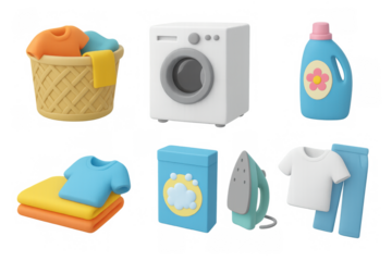 3d laundry icons: washing machine, detergent, basket, iron, and clothing elements