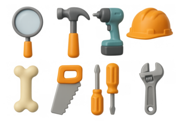 Colorful 3d tool set with hammer, drill, and helmet for construction and repair projects