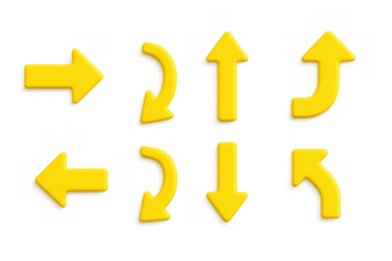 Bright yellow 3d arrow set with various directions and shapes