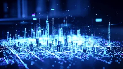 Futuristic cityscape with glowing skyscrapers and digital data streams, showcasing technology advancements - Powered by Adobe