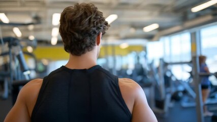 A man in breathable sportswear stands by cable machines in a vibrant, bustling gym, exuding a motivational atmosphere.