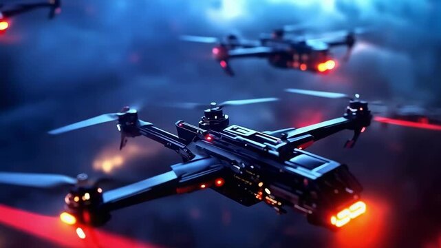 A squadron of quadcopter drones with red lights flying through a smoky, blue-tinged night sky.