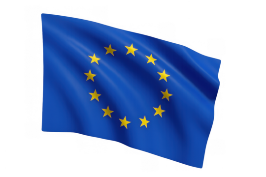 Waving european union flag with golden stars on blue background