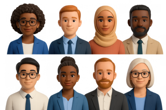 3d office team portraits: diverse professionals in business attire