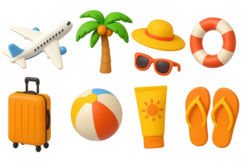 Summer travel icon set: tropical elements in a vibrant 3d style