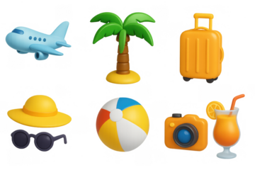 Colorful summer travel icons: tropical beach vacation essentials