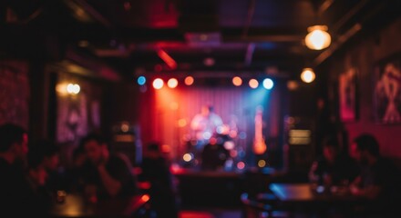 Blurred Underground Jazz Bar with Warm Stage Lights at Night