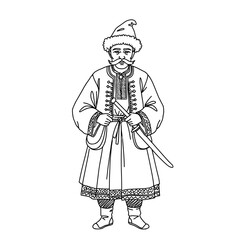 Traditional man in folk clothing holding a sword in linear vector illustration  