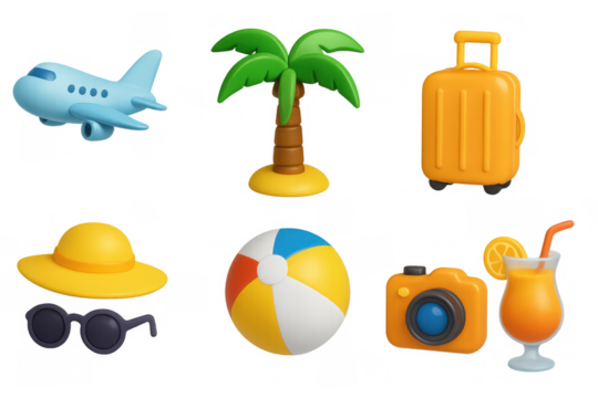 Colorful summer travel icons: tropical beach vacation essentials