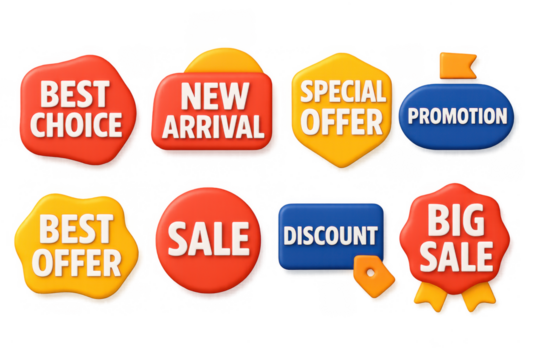 Bright promotional badges with 3d icons for marketing and retail sales