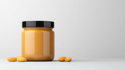 Peanut butter jar almond glass black lid organic healthy creamy isolated blank label