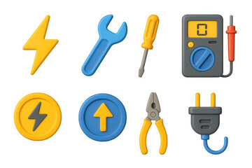 Colorful 3d electrician tools icon set with digital multimeter