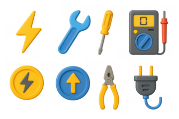 Colorful 3d electrician tools icon set with digital multimeter