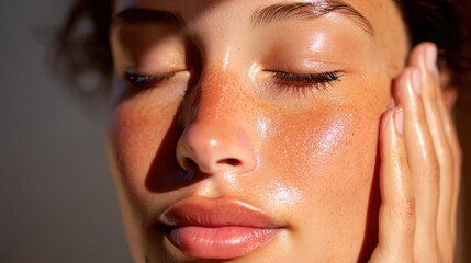 Fototapeta premium Radiant Close-Up of a Skin Care Routine Highlighting a Natural, Glowing Complexion with Freckles and Dewy Finish Under Soft Lighting