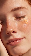 Fototapeta premium Close-up of a Young Woman's Face with Freckles and Dewy Skin, Enhancing Natural Beauty Through Skin Care and Self-Care Practices