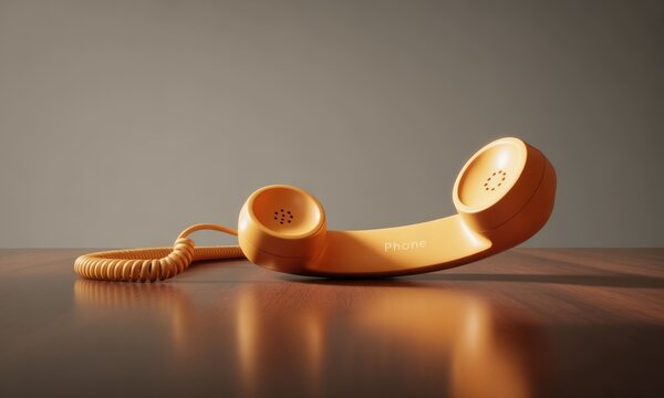Orange rotary phone on wooden surface