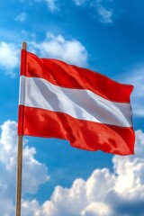 Austrian flag waving in the blue sky with clouds, symbol of national pride and patriotism
