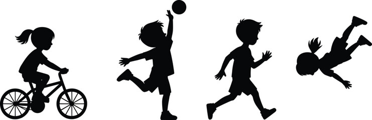 Obraz premium Silhouettes of children in active play poses, vector illustration set, black icons, physical movement, outdoor activity, exercise design elements